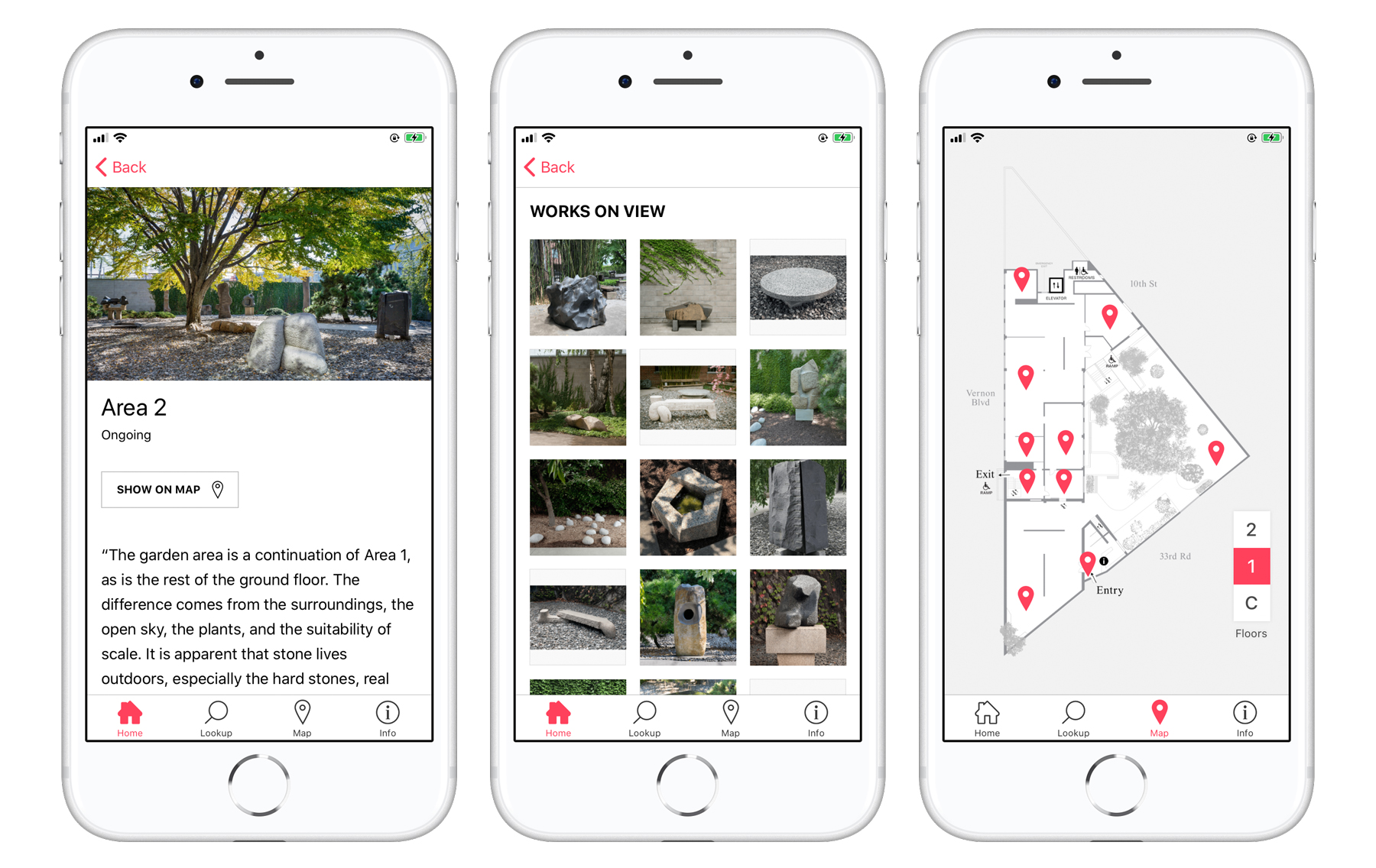 Three views of the Noguchi Museum mobile guide showing artworks in Area 2 (garden) and map of the...