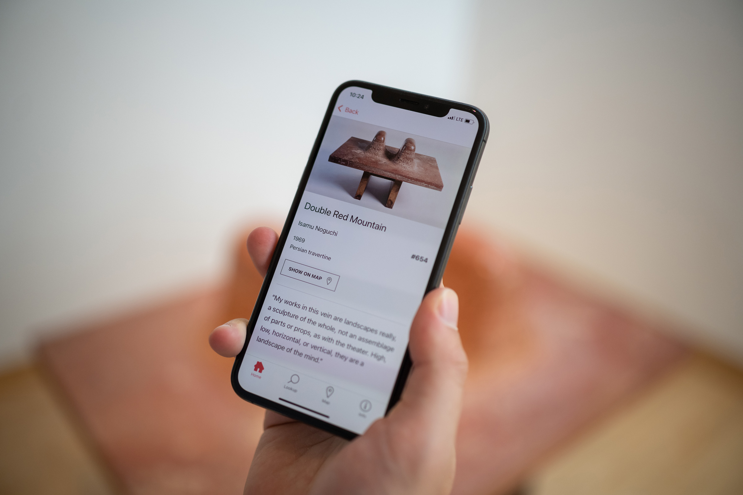 Noguchi Museum mobile guide, showing guide page for Noguchi’s Double Red Mountain